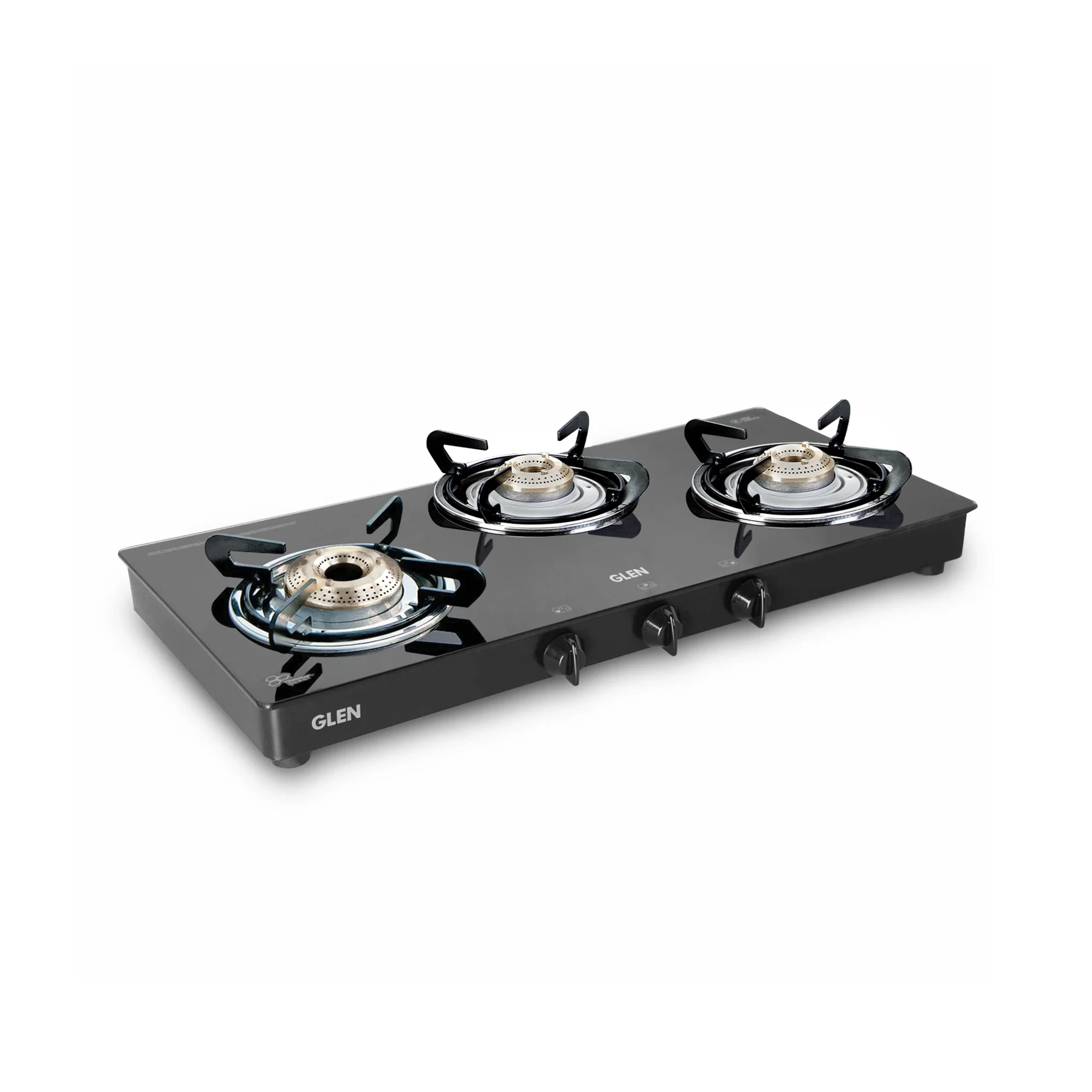 3 Burner Glass Gas Stove with High Flame Brass Burner Double Drip Tray (CT032GTHFBBDDBL) - Manual/Auto Ignition