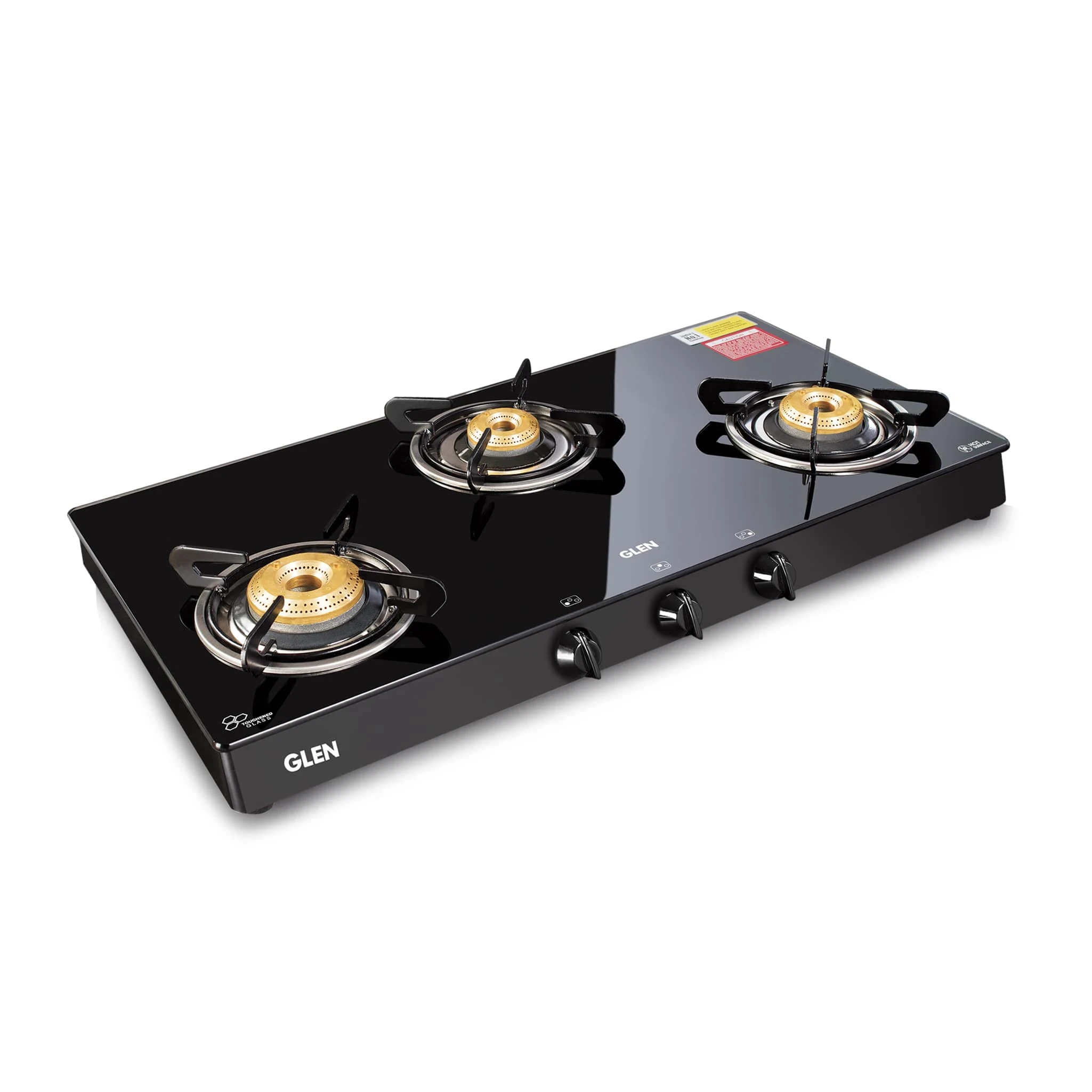 3 Burner Glass Gas Stove with High Flame Brass Burner - Manual/Auto Ignition (CT1038GTBBBL)