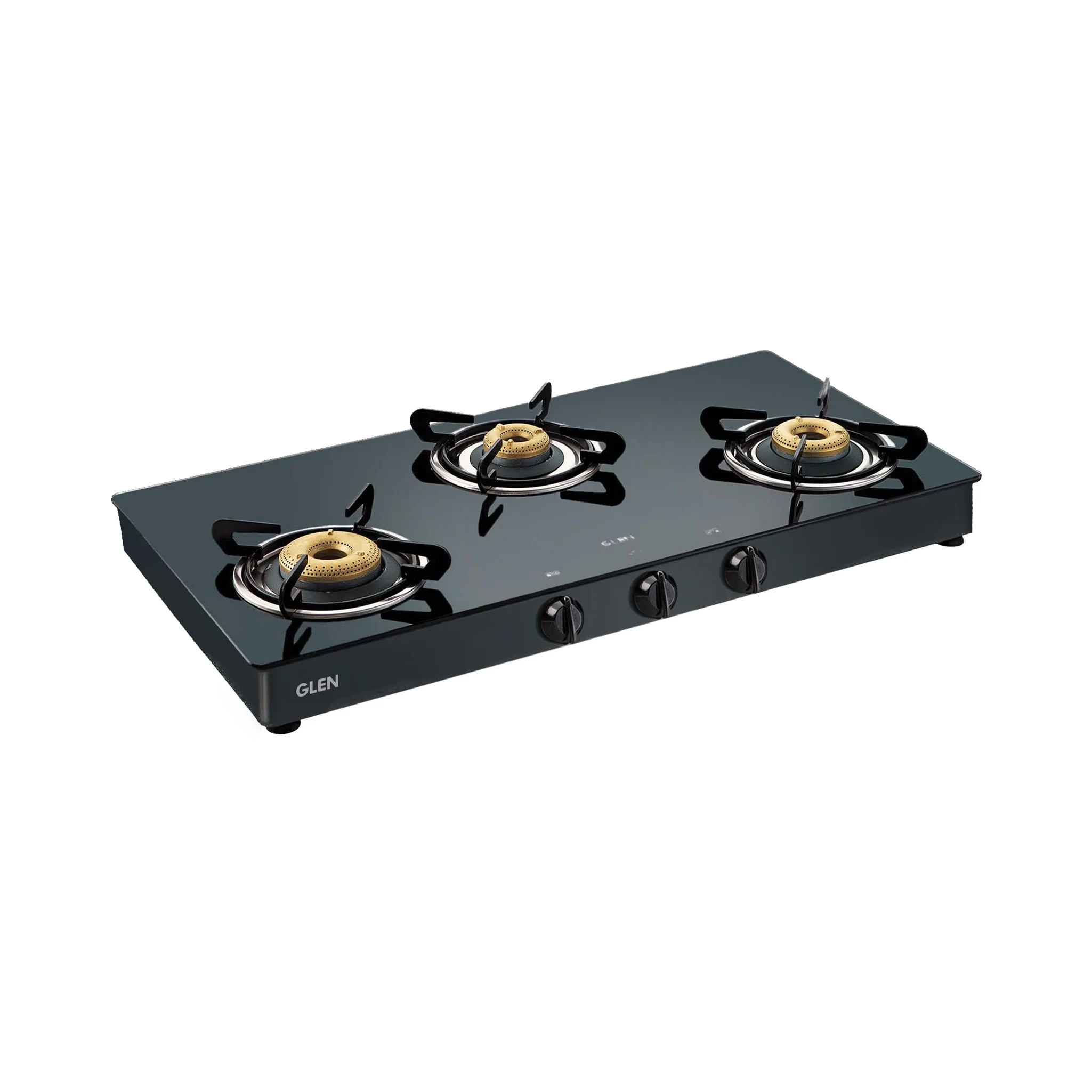 3 Burner Glass Gas Stove with High Flame Forged Brass Burner Double Drip Tray Black (CT1038GTFBDDBL) - Manual/Auto Ignition