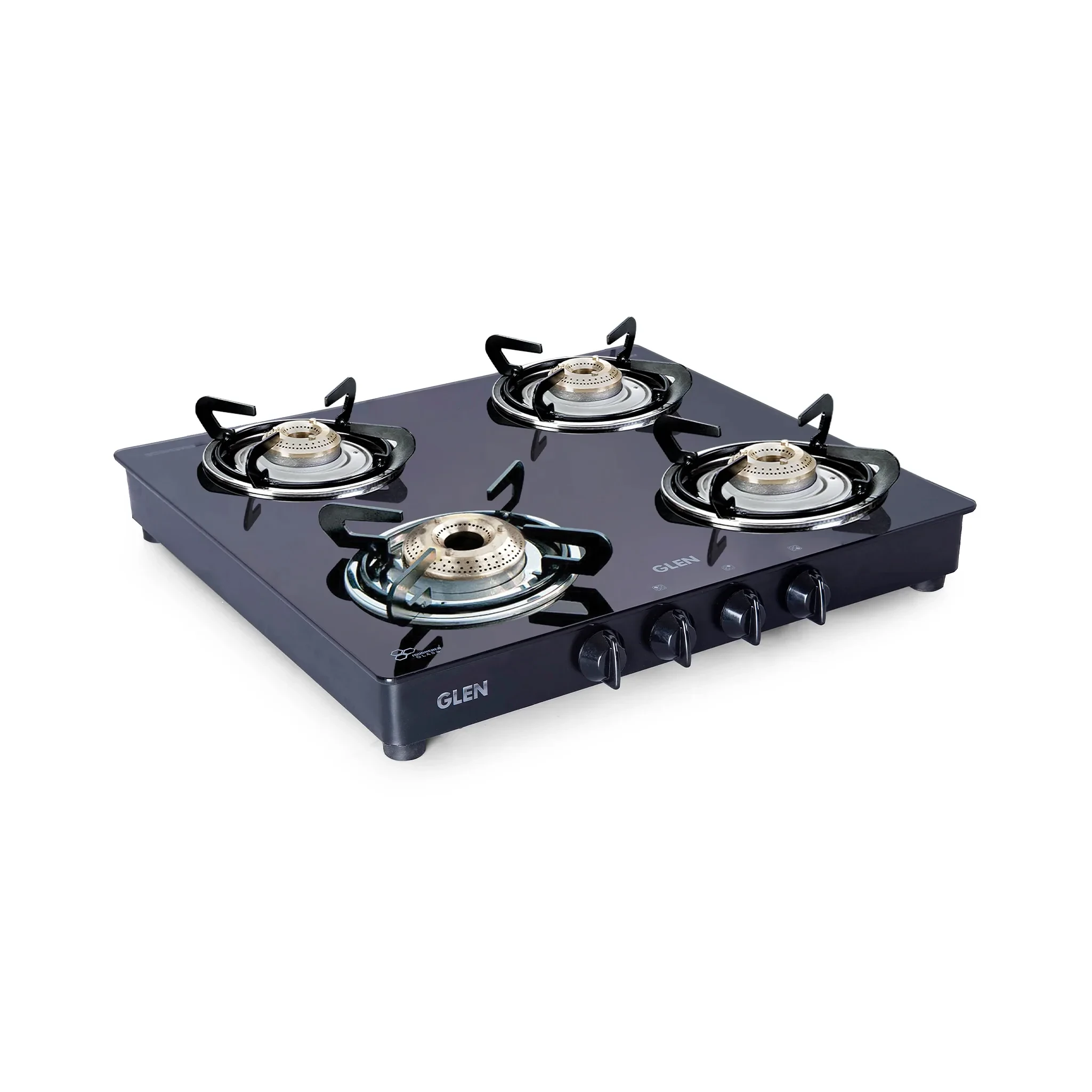 4 Burner Glass Gas Stove 1 High Flame 3 Brass Burners Double Drip Trays Black (CT1043GTHFBBDDBL) - Manual/Auto Ignition