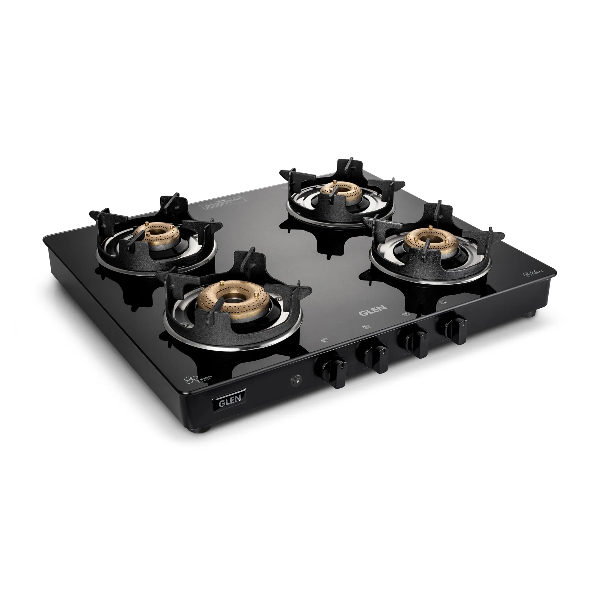 4 Burner Glass Gas Stove with High Flame Brass Burner and Crown Pan Supports (CT1042GTBBBLHFCP) - Manual/Auto Ignition