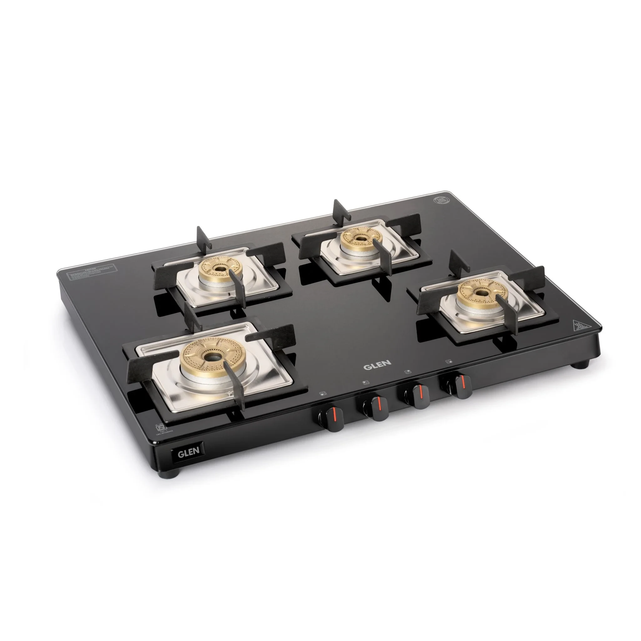 4 Burner Ultra Slim Glass Gas Stove 1 High Flame 3 Forged Brass Burner - Manual / Auto Ignition (CT1048SLSQ BLFB)