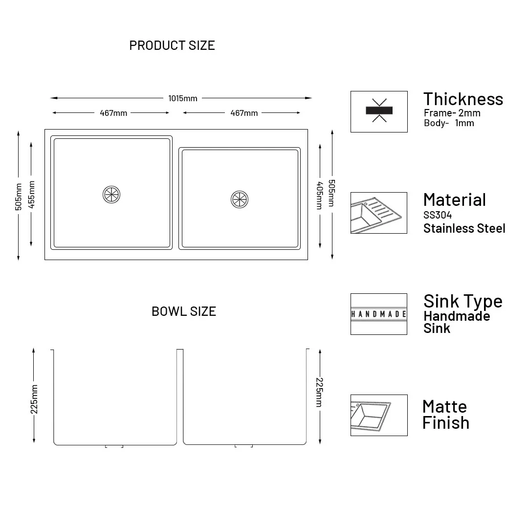 Stainless Steel Grade 304 Sink for Kitchen, Double Bowl Handmade Sink with Half Faucet Deck 40x20x9 inches, Matte Finish (KS-SH40209DBHFDM)