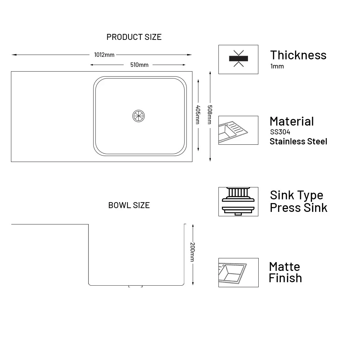 Stainless Steel Grade 304 Sink for Kitchen, Single Bowl Press Sink with Side Drain Board 40x20x8 inches, Matte Finish (KS-SP40208SBSDM)